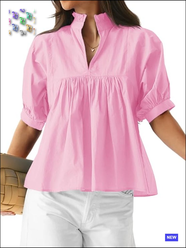 Puff Sleeve V Neck Blouse Babydoll Peplum Top Dressy Casual Pleated Loose Fit